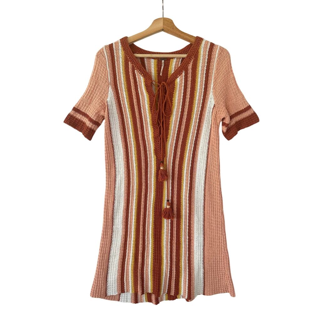 Free People Crochet Dress Lace Up Mini Orange Pink Stripe Cotton Size Medium